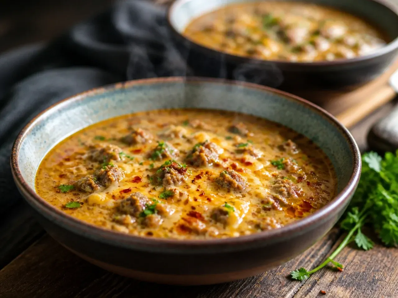A wooden spoon stirring melted cheese into a creamy soup base to prevent sticking