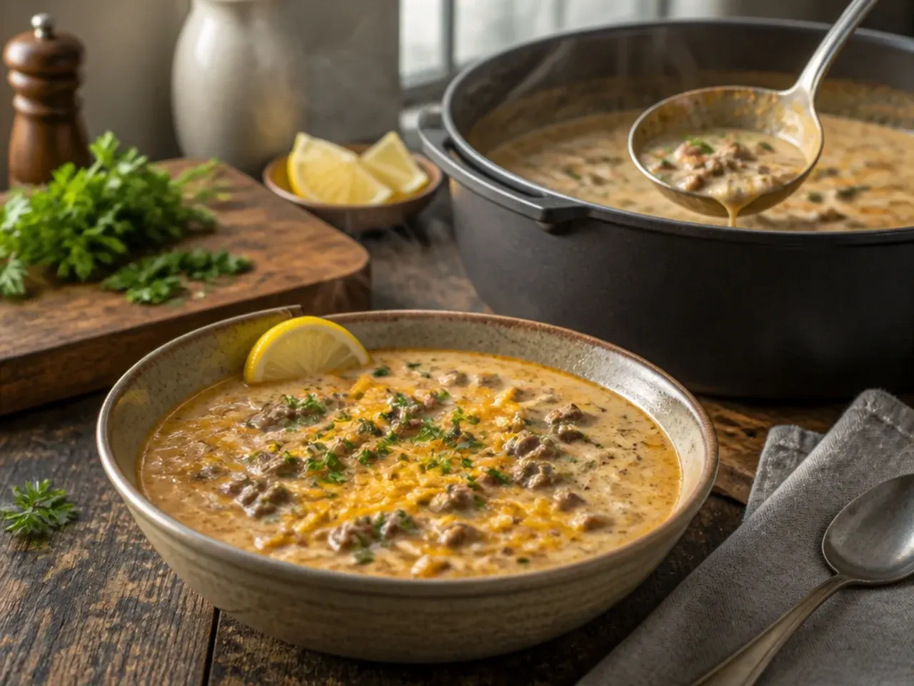 A large batch of cheeseburger soup in an extra-wide pot, showing a shallower liquid level
