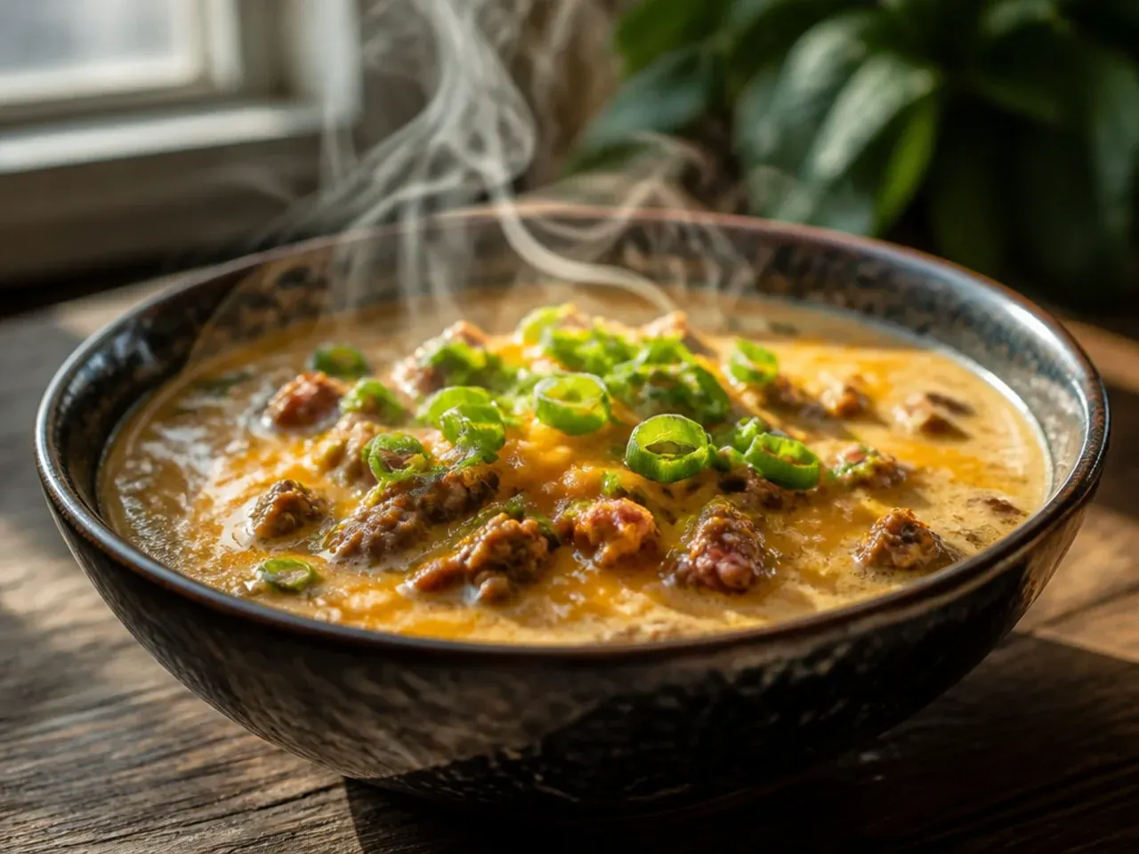 A container of cheeseburger soup with a slightly separated, grainy texture after being frozen and thawed