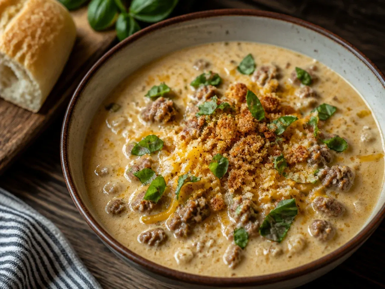 A saucepan of leftover cheeseburger soup being gently reheated on low heat with a splash of cream being stirred in