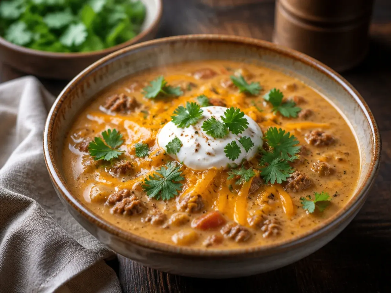 A wooden spoon lifted from the pot with soup being tasted before serving
