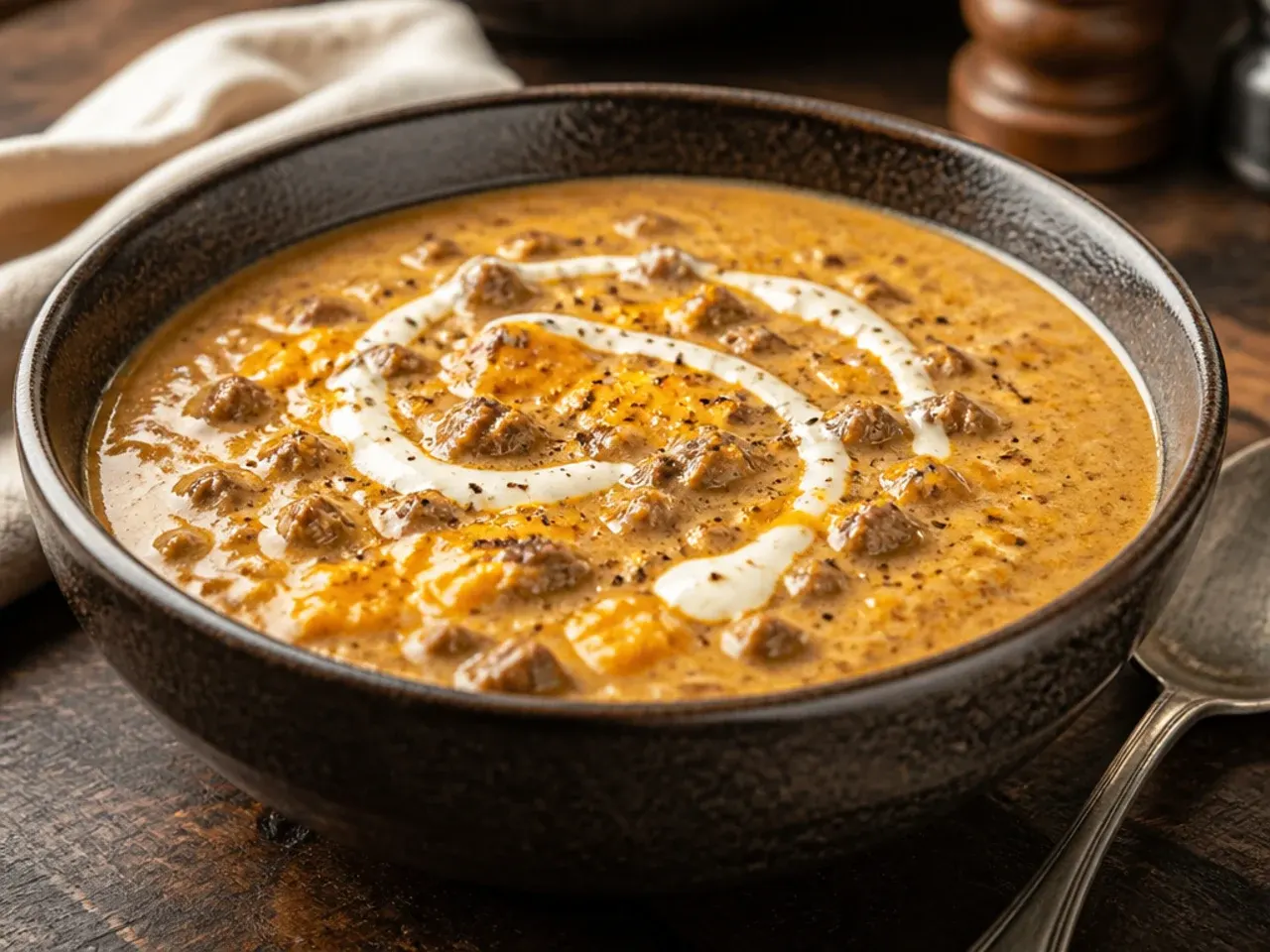 A small tray of simple seasonings including garlic powder, onion powder, salt and mustard next to the soup pot