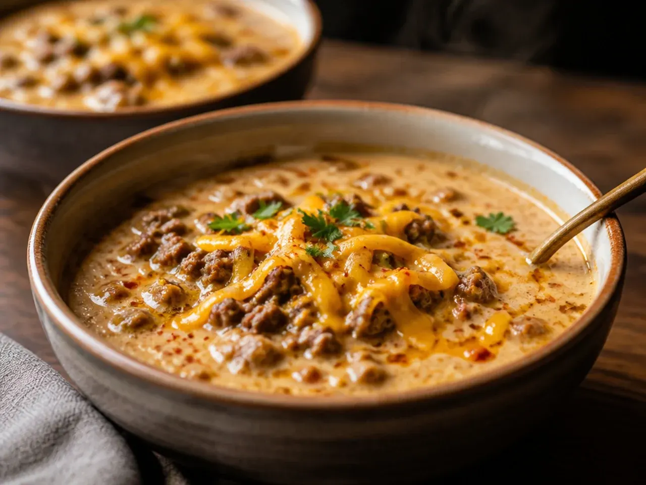 Handfuls of grated cheddar being stirred into cheeseburger soup in stages