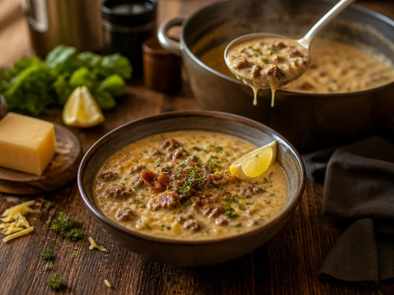 Crispy bacon bits set aside on paper towel next to a pot of simmering soup, kept separate for garnish