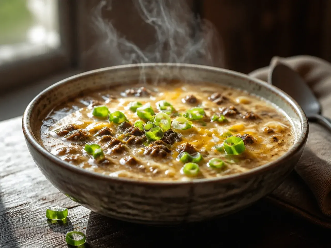 A pot of finished cheeseburger soup resting off the heat with steam gently rising