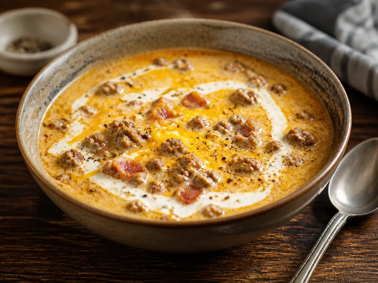 A ladle pouring warm broth into a pot of cheeseburger soup to adjust the consistency
