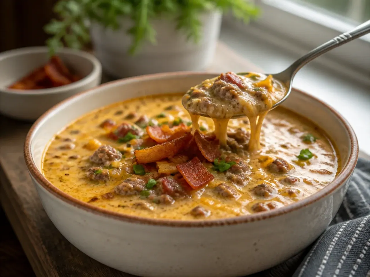 A finished bowl of carnivore cheeseburger soup topped with crispy bacon and melted cheddar, ready to serve