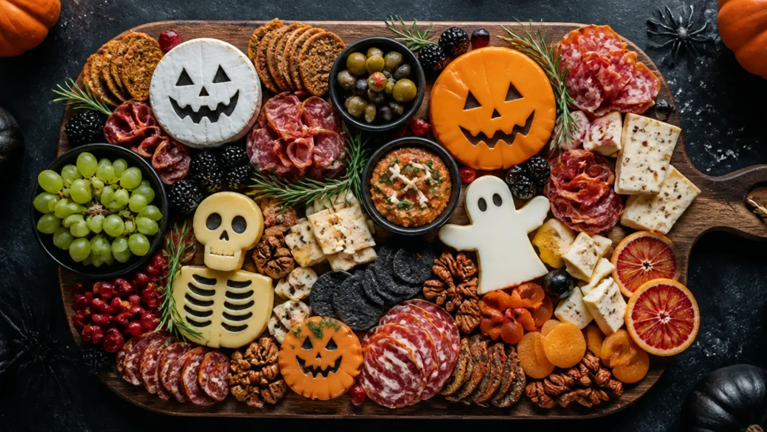 Halloween charcuterie board with cheese pumpkins, olive spiders, salami bat wings and a spiderweb dip arranged on a black wooden platter