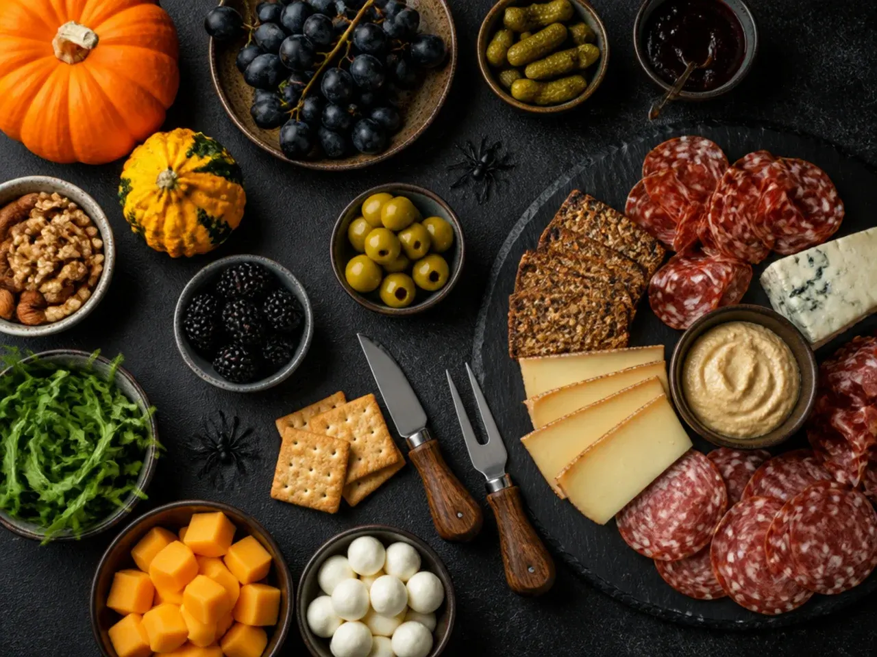 Close-up of a cheddar cheese pumpkin garnish with a pretzel stem next to olive spiders on a Halloween charcuterie board