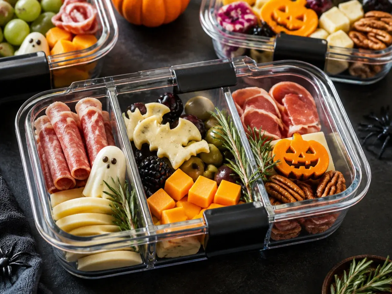 Halloween charcuterie board leftovers being packed into separate airtight containers for fridge storage