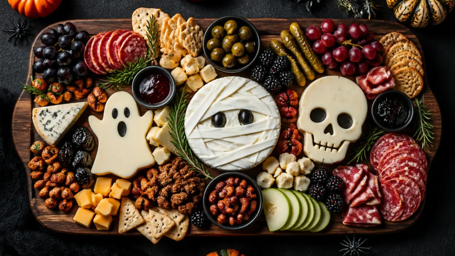 A large wooden board covered in an orange, black and purple Halloween charcuterie spread with spider web brie, mummy-wrapped cheese, salami roses and jack-o'-lantern peppers