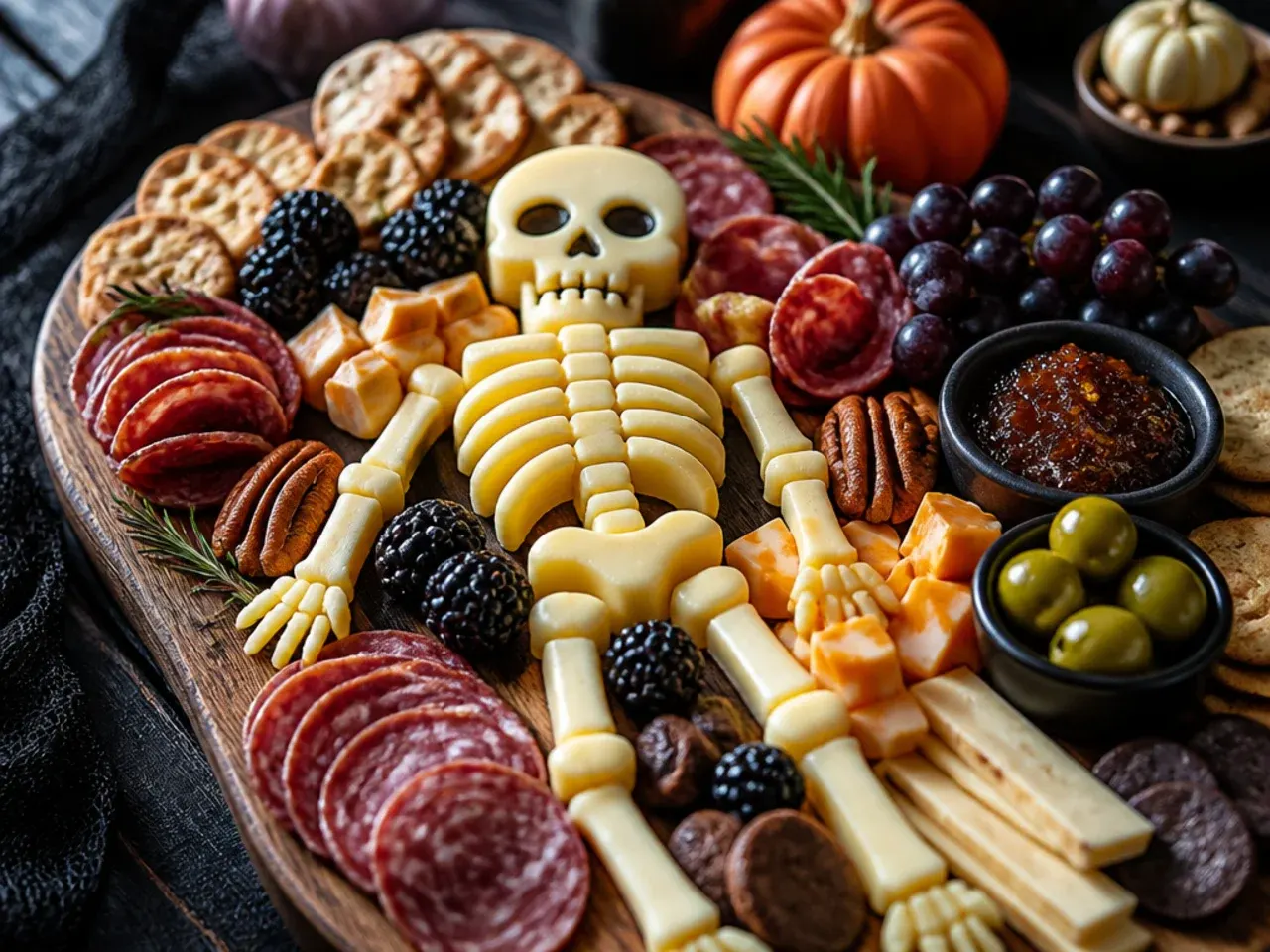 Overhead view of a Halloween-themed charcuterie board with orange and black snacks arranged in sections