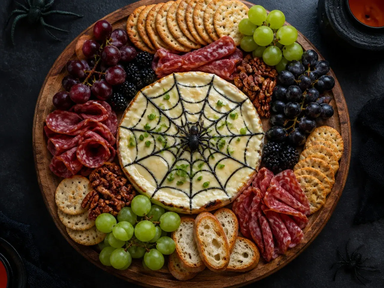 Round brie wheel scored with a spider web pattern in dark sauce and topped with a small plastic spider