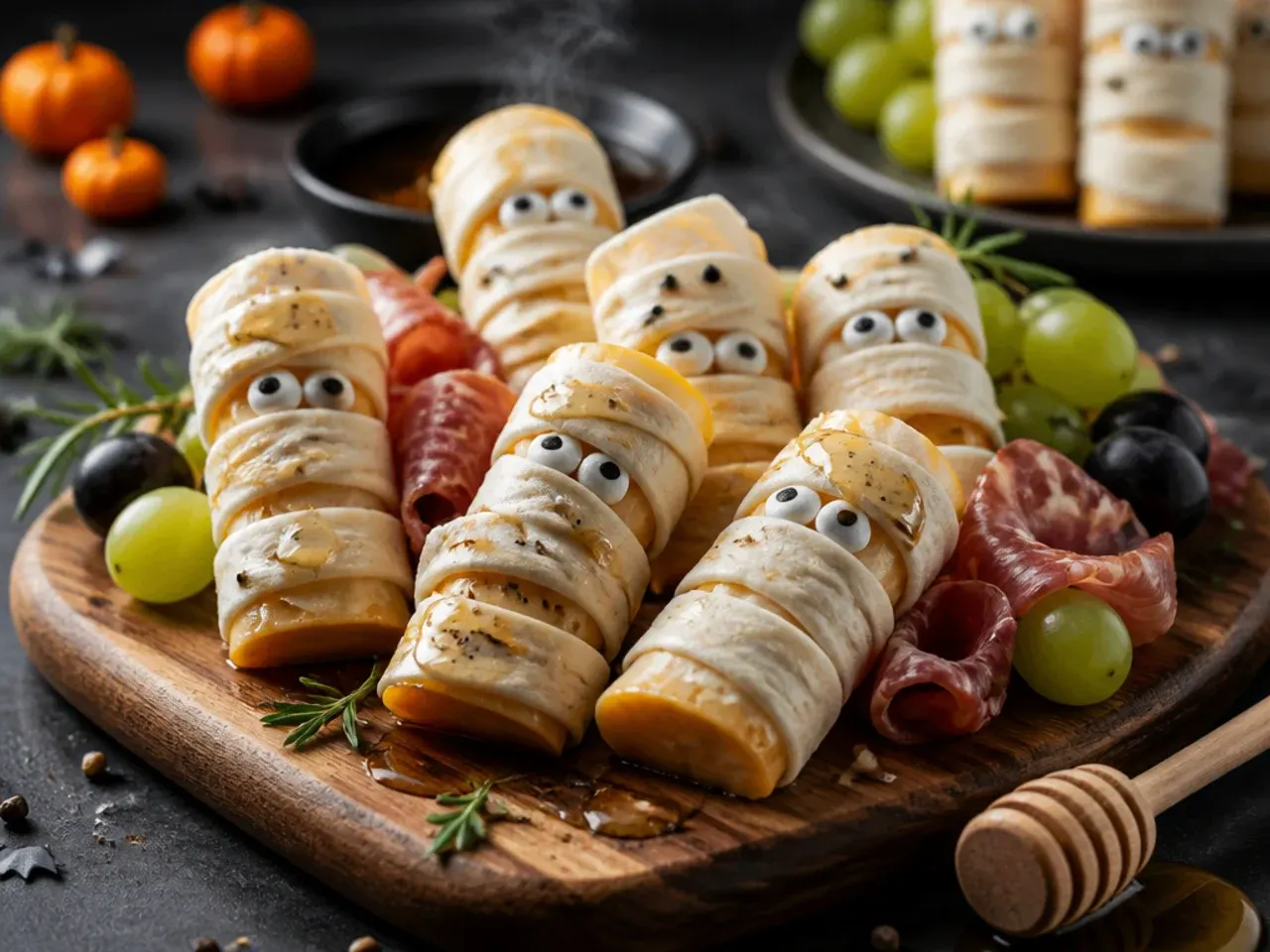 Small cheese cubes wrapped in strips of baked breadstick dough with candy eyes, styled as mini mummies