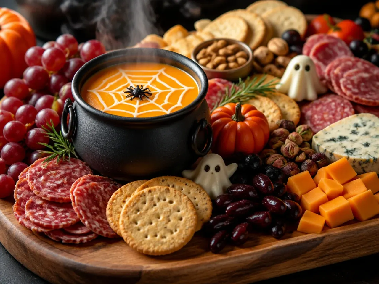 Corner of a charcuterie board with cheddar wedges, pear slices, toasted pumpkin seeds and a small pot of honey