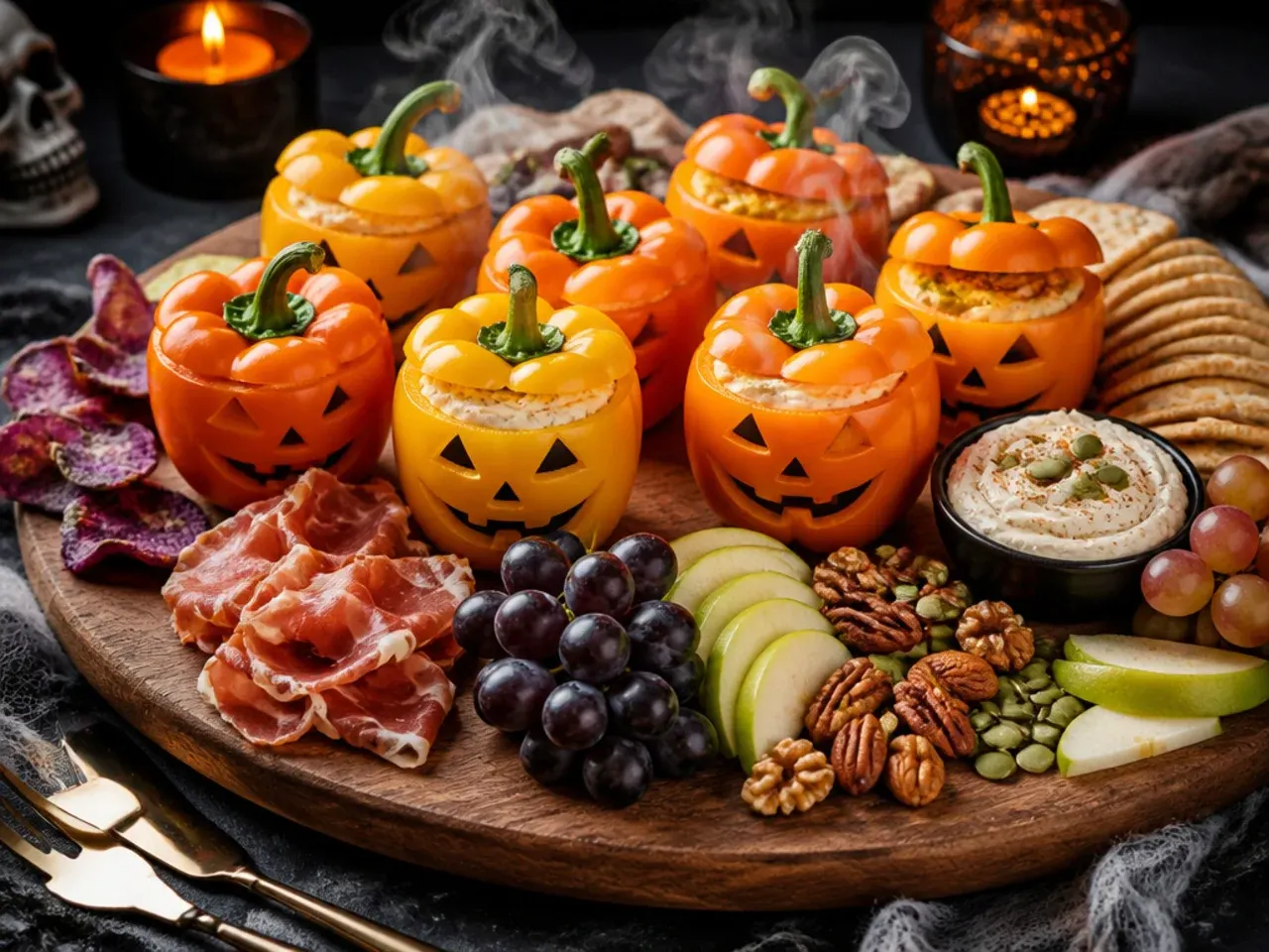 Small orange peppers carved with jack-o'-lantern faces and filled with dip on a Halloween grazing board