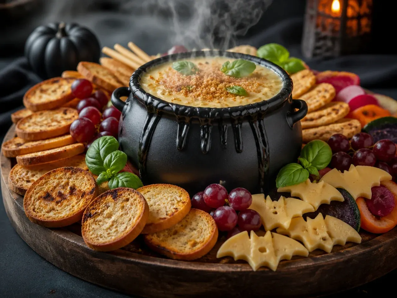 Dark cast-iron pot filled with creamy dip set into the centre of a Halloween charcuterie board, styled as a cauldron