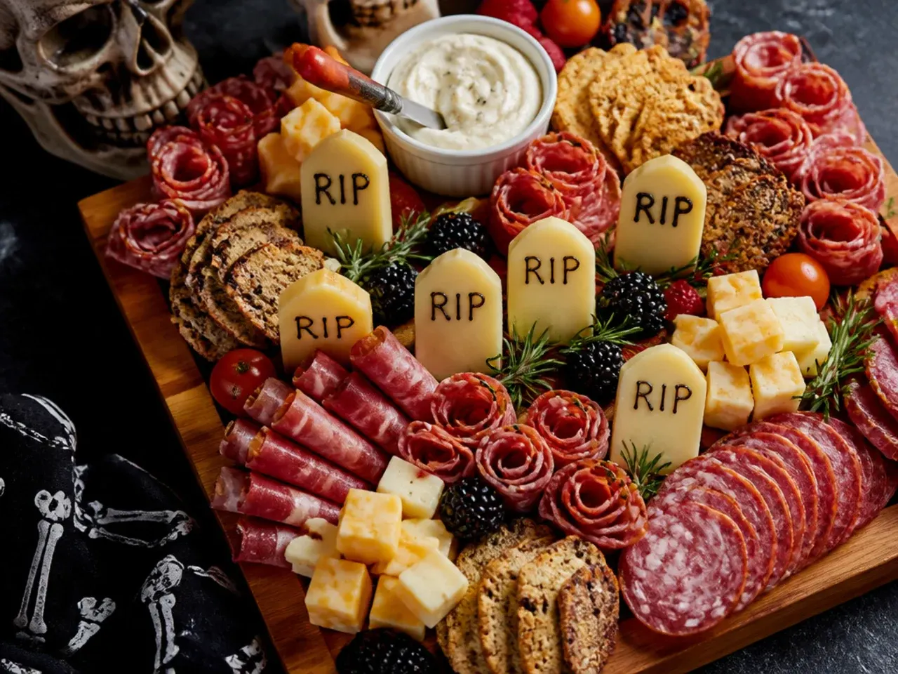 Cracker tombstones standing in mounds of folded meat styled as a miniature graveyard scene