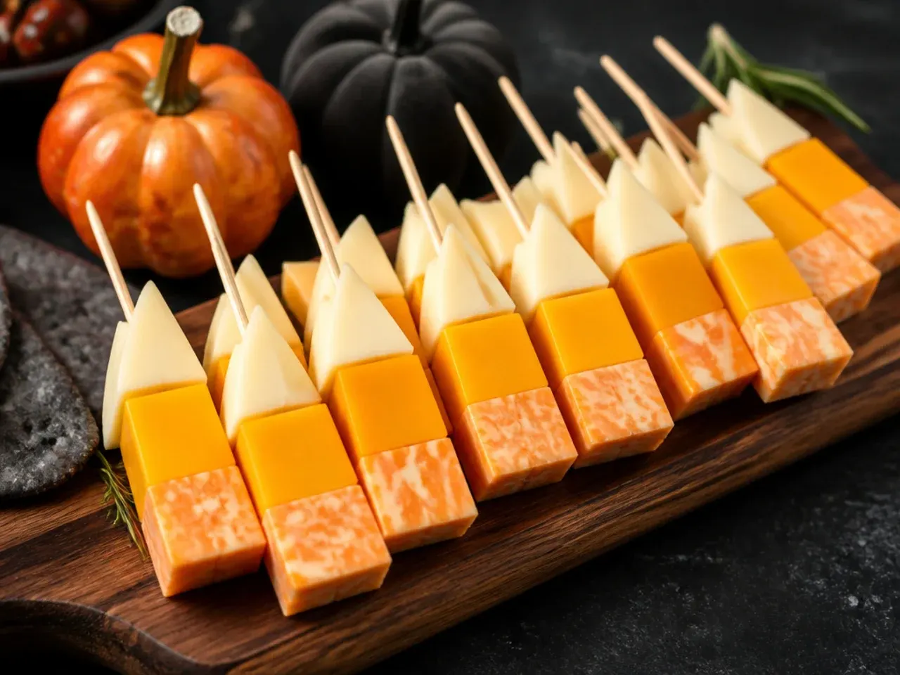 Cocktail skewers layered with white cheese, orange cheese and fruit to look like candy corn
