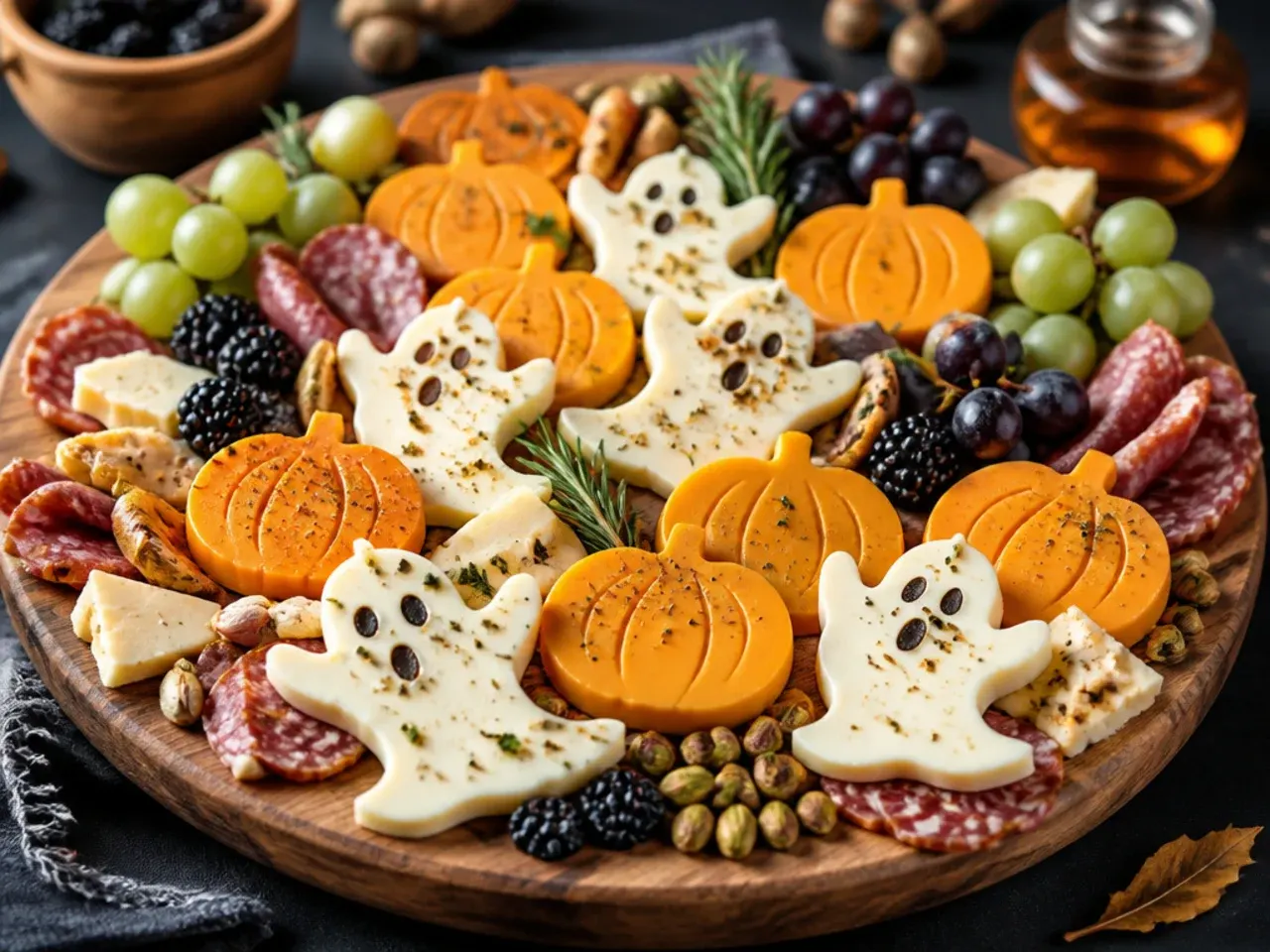 Cheese slices cut into ghost and pumpkin shapes with small dot eyes, scattered across a grazing board