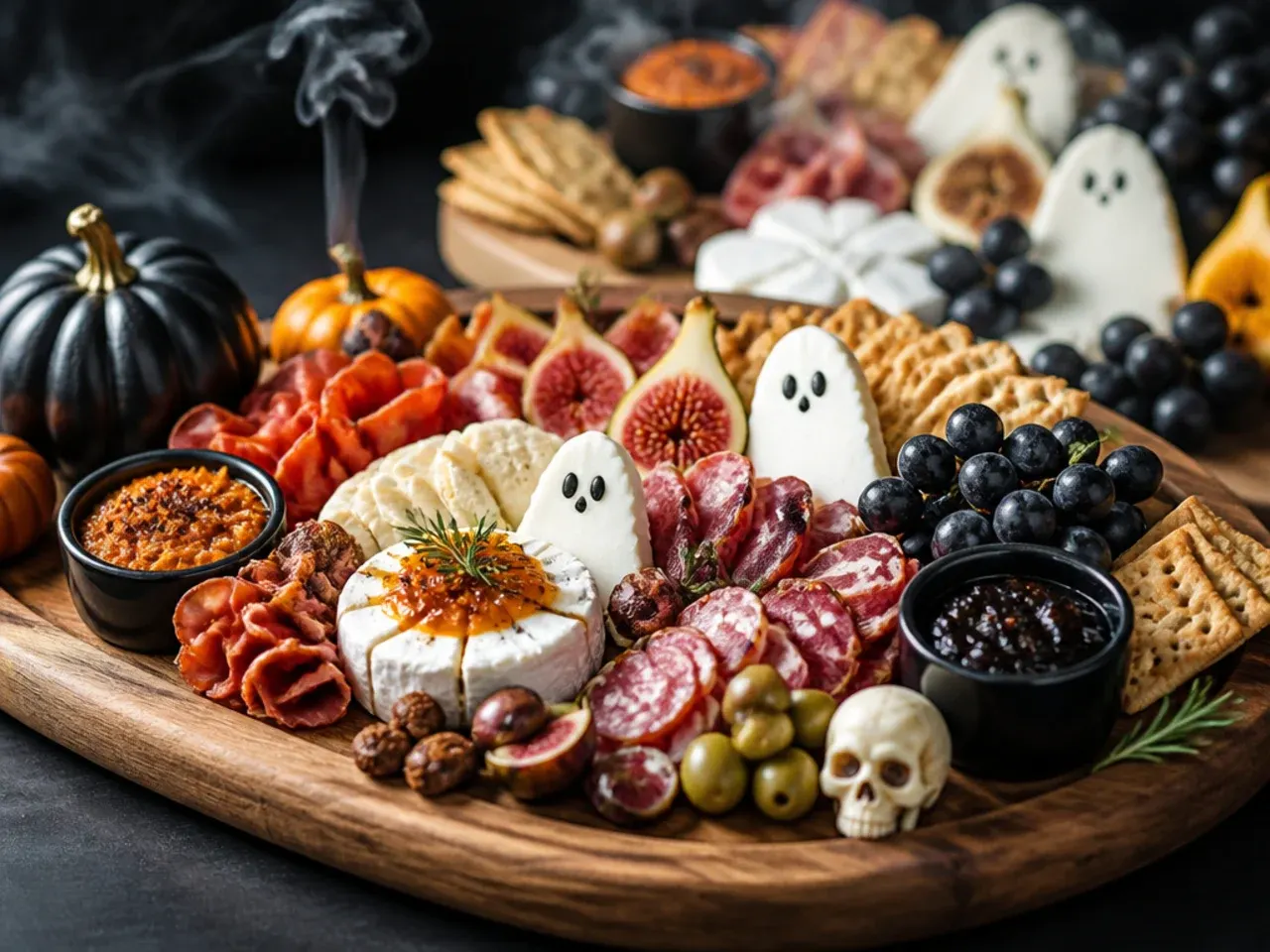 Long table covered in butcher paper with two full Halloween charcuterie spreads set up for a large party
