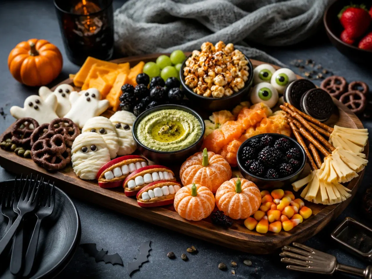 Mild, kid-friendly Halloween snack board with turkey pumpkins, clementines and grape eyeballs