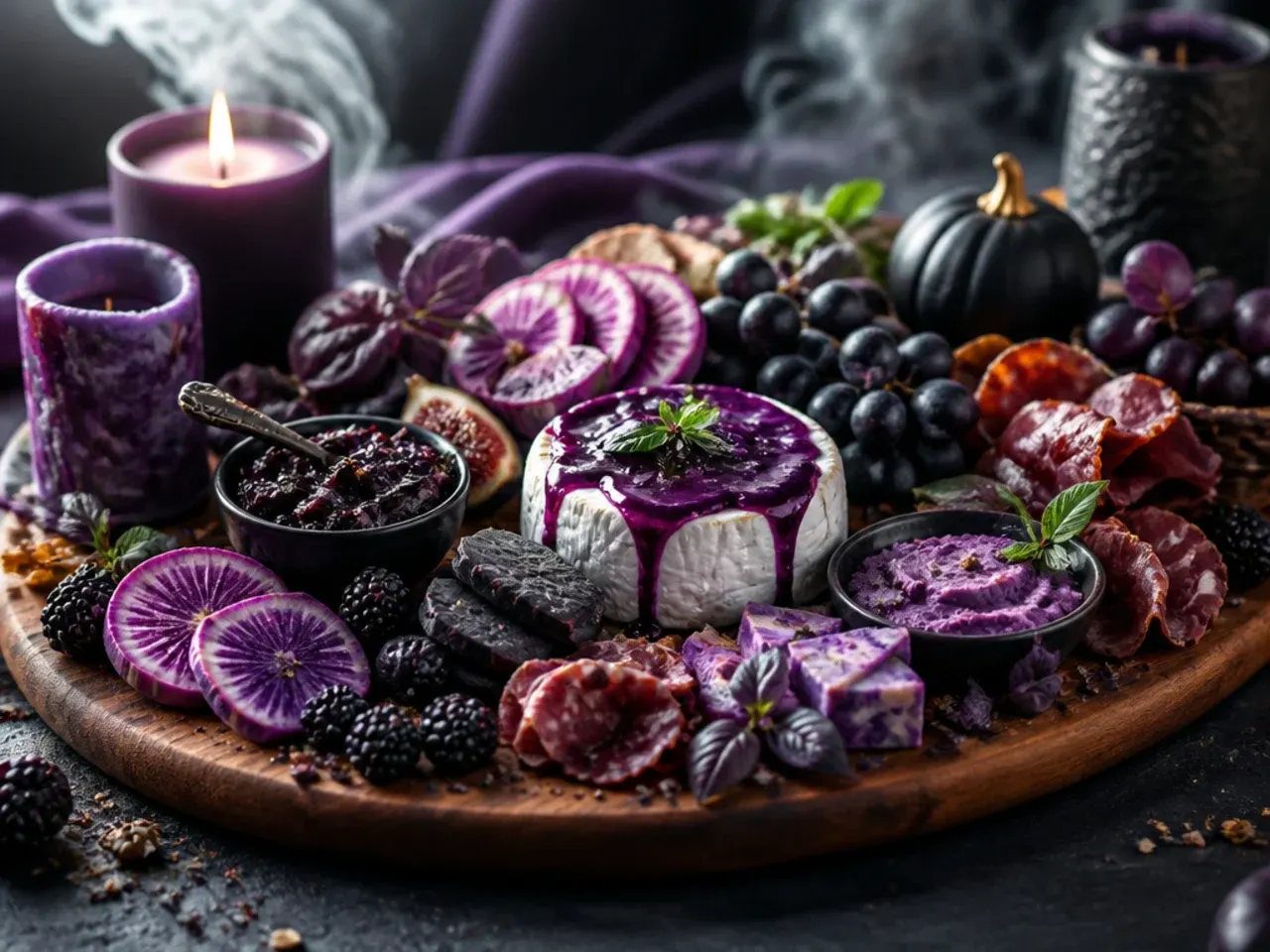Charcuterie board styled in a dark purple and black colour scheme with black olives, dark crackers and charcoal dip