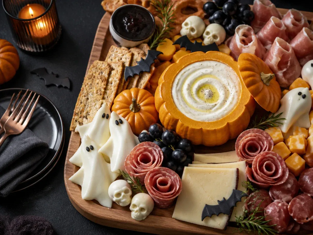 Quickly assembled Halloween board using pre-cut crackers, grapes and a shop-bought pumpkin cheese ball