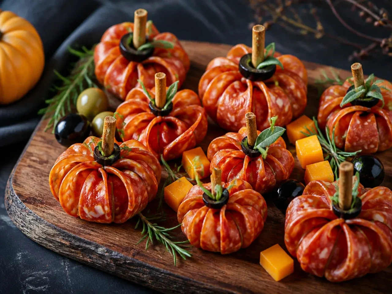 Thin salami slices rolled into rose shapes with a herb sprig at the base, styled as small pumpkins