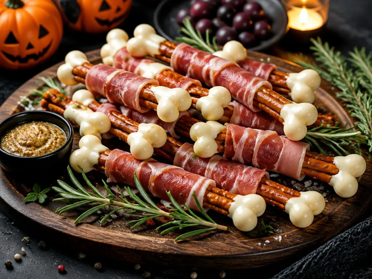 Pretzel sticks dipped in white chocolate at both ends to look like bones, bundled with ribbon on a charcuterie board