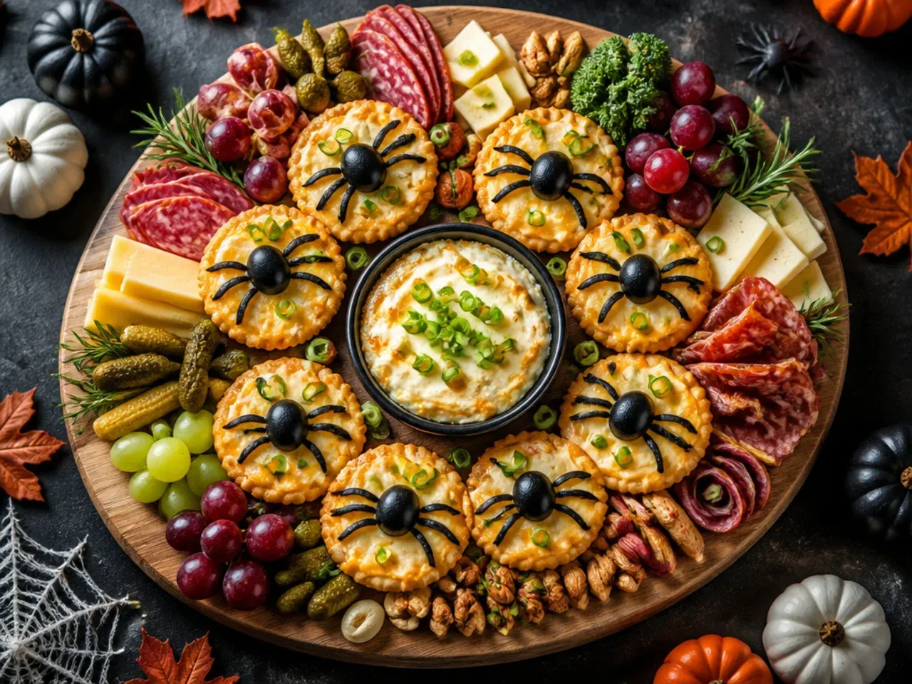 Round crackers topped with cream cheese and black olive slices arranged into small spider shapes