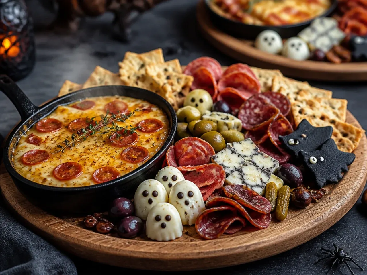 Small cast-iron skillet of melted cheese and chorizo set into a Halloween charcuterie board with breadsticks alongside