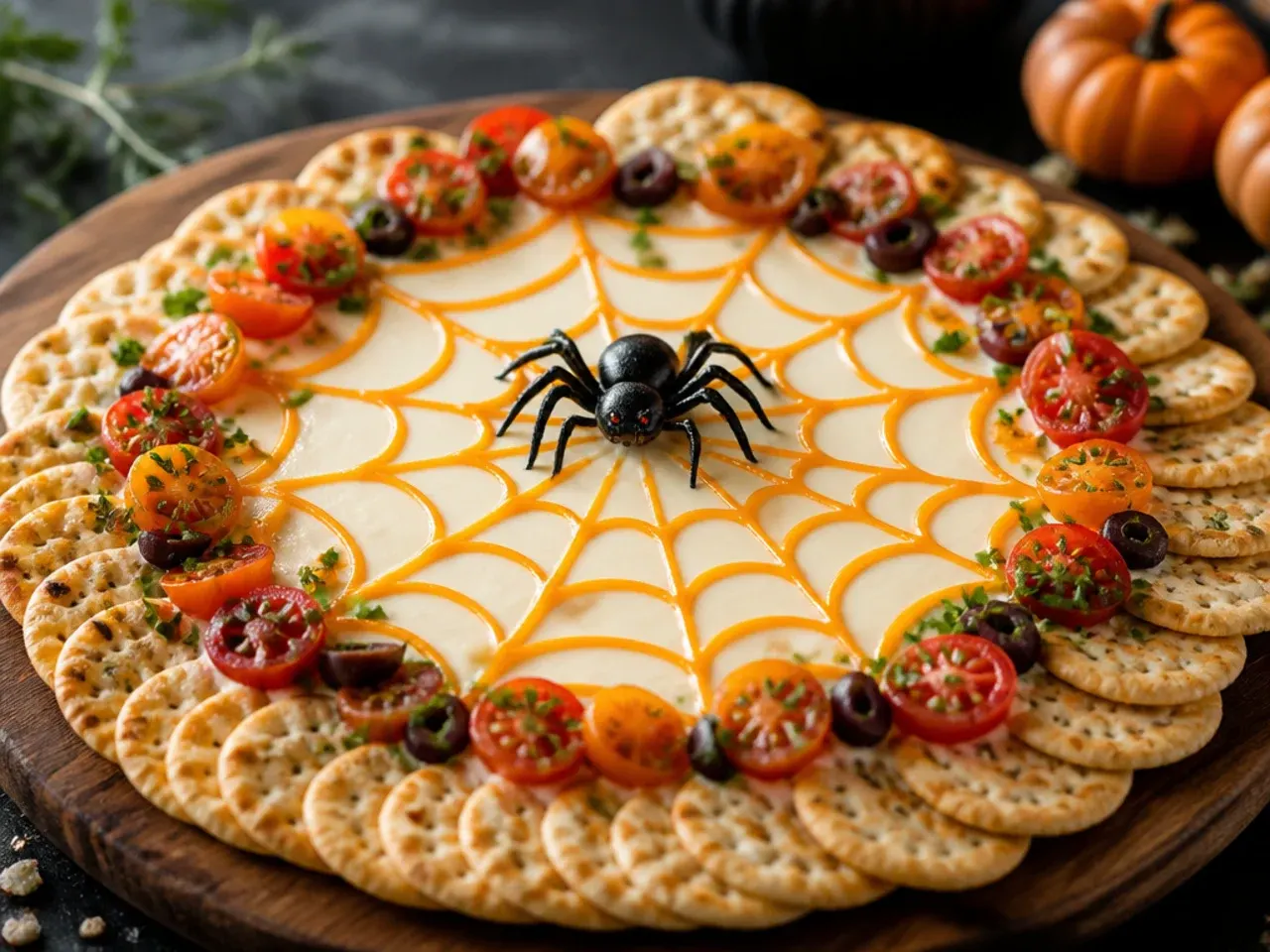 Simple base layer of fanned cheese slices and two cracker types on an otherwise empty wooden board