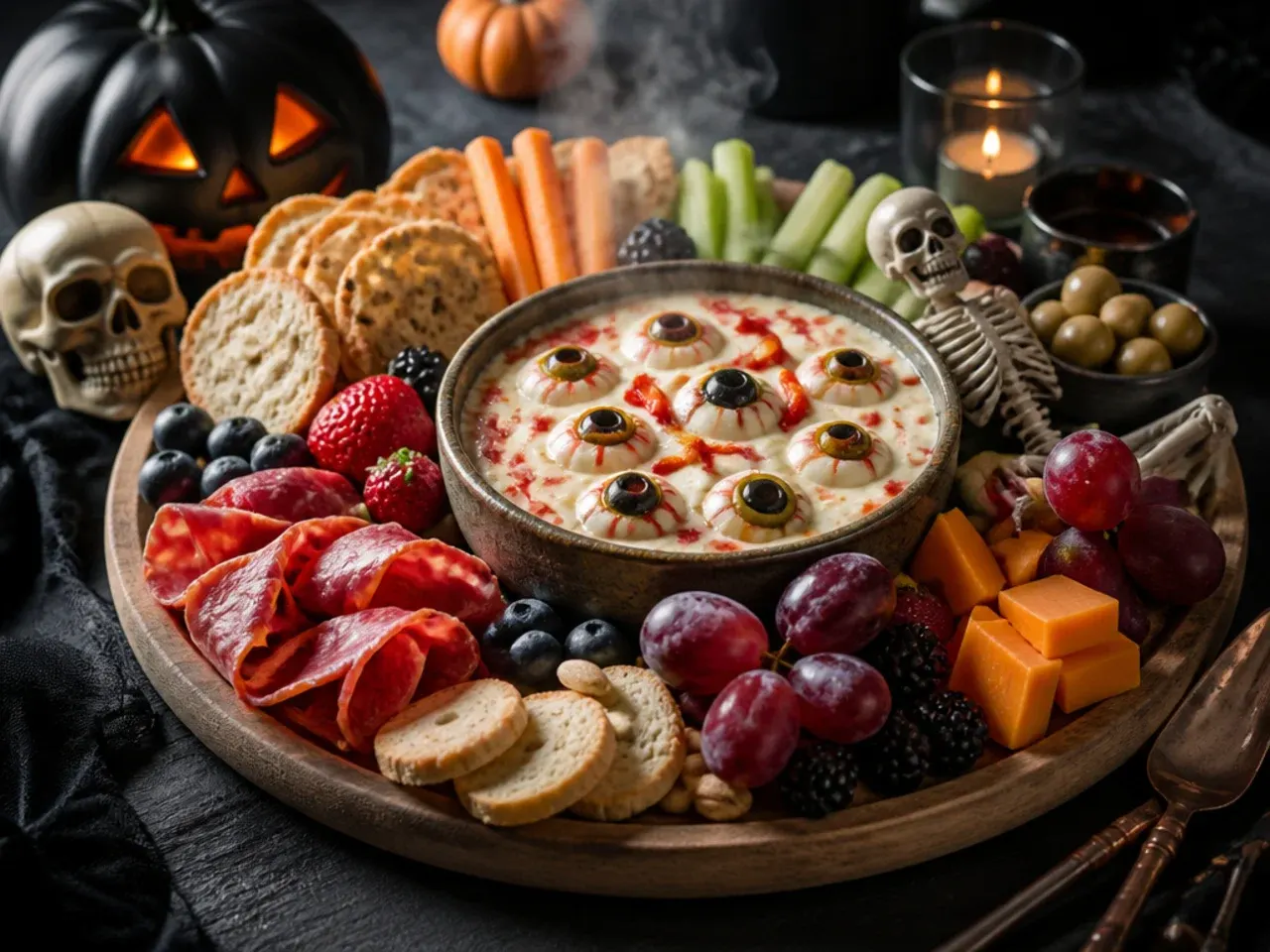 Bowl of creamy dip topped with small round eyeball-styled garnishes made from egg and olive