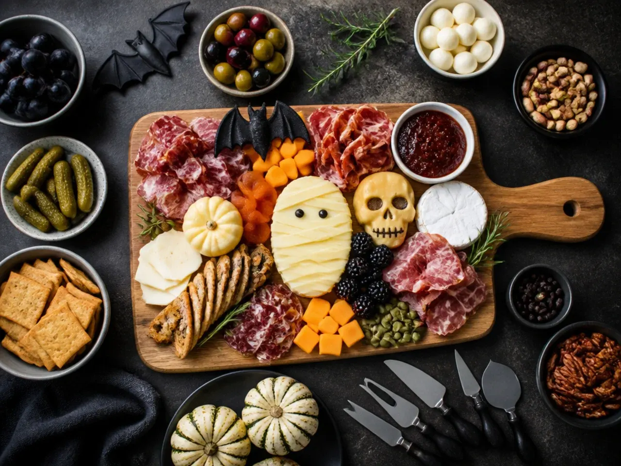 Hands assembling a Halloween charcuterie board in layers, starting with dip bowls and cheese blocks