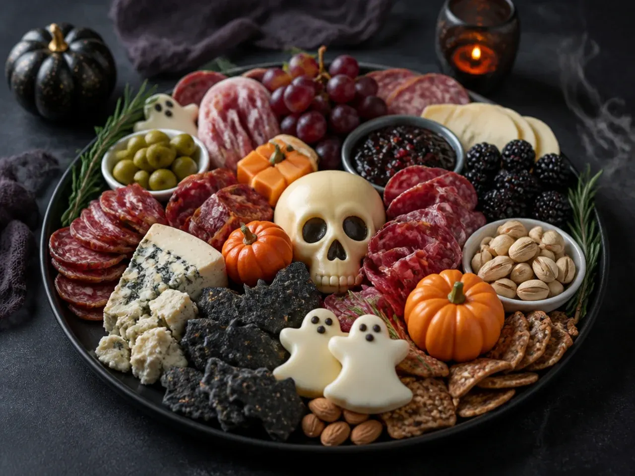 Jug of orange spiced cider served alongside a Halloween charcuterie board on a party table