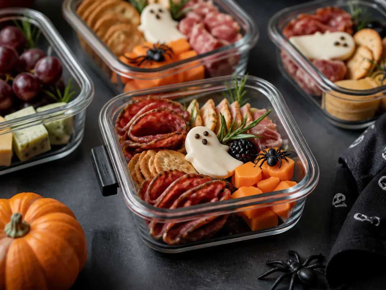 Leftover charcuterie items wrapped in greaseproof paper and stored in containers in the fridge