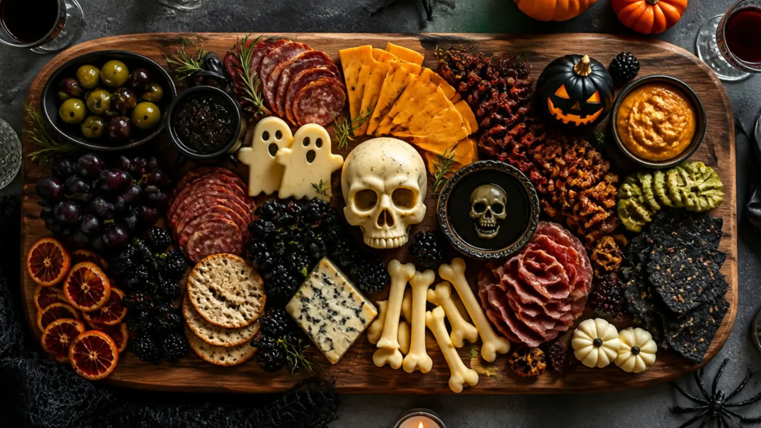 A wooden board covered in Halloween charcuterie with black and orange cheeses, salami roses, spiderweb dip and pumpkin-shaped garnishes