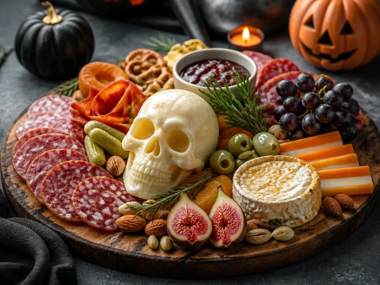 Overhead shot of a Halloween charcuterie board being assembled with cheese, salami and crackers