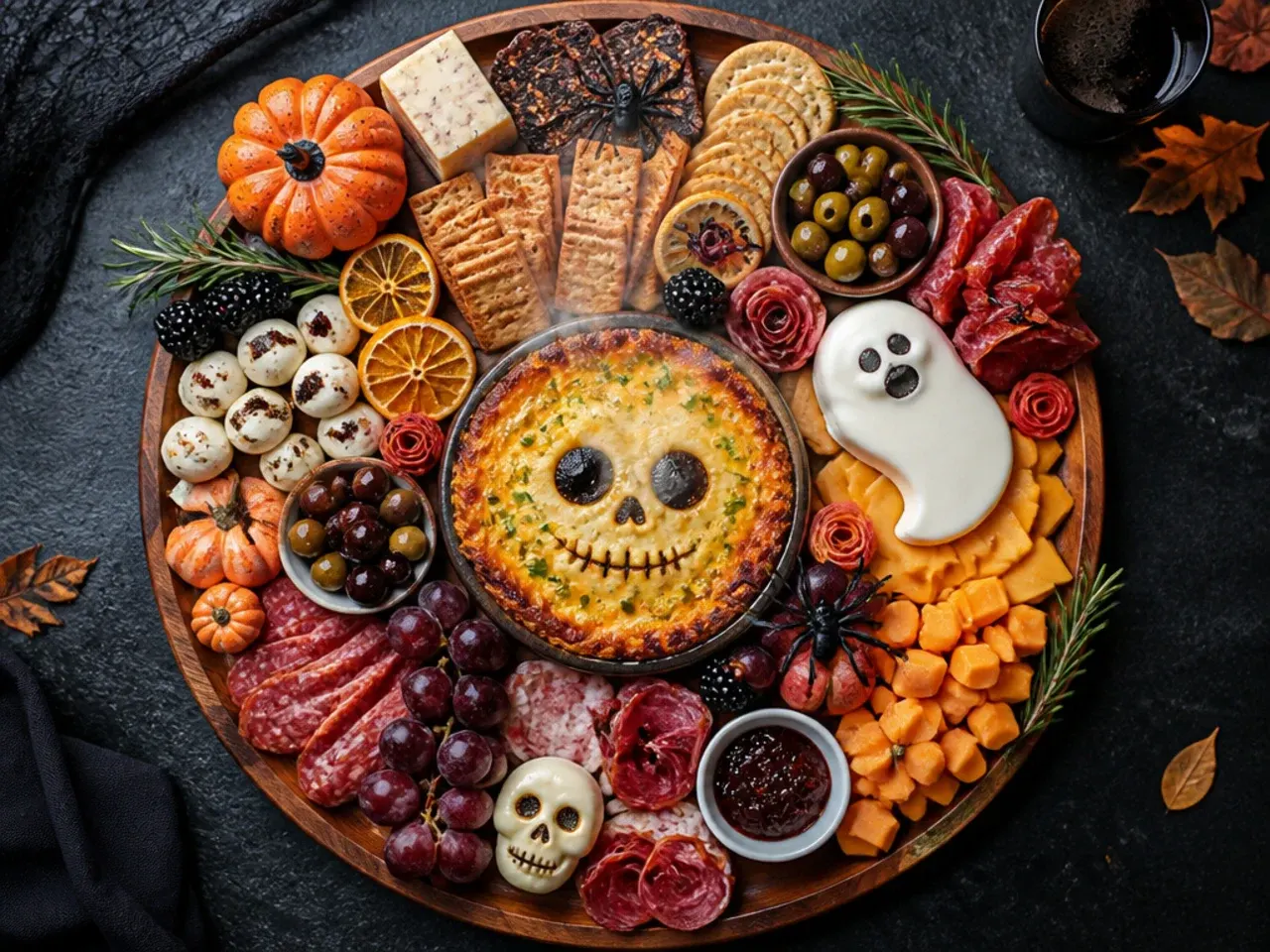 Classic Halloween charcuterie board with orange cheddar, salami roses and black olives