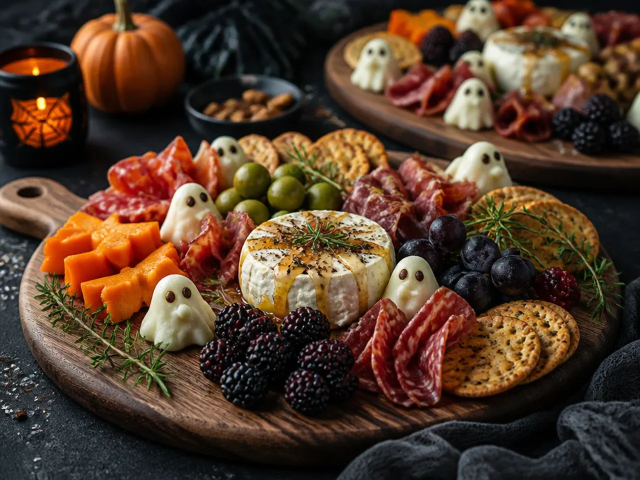 Simple Halloween charcuterie board using pre-sliced meats and cheese cubes arranged by colour