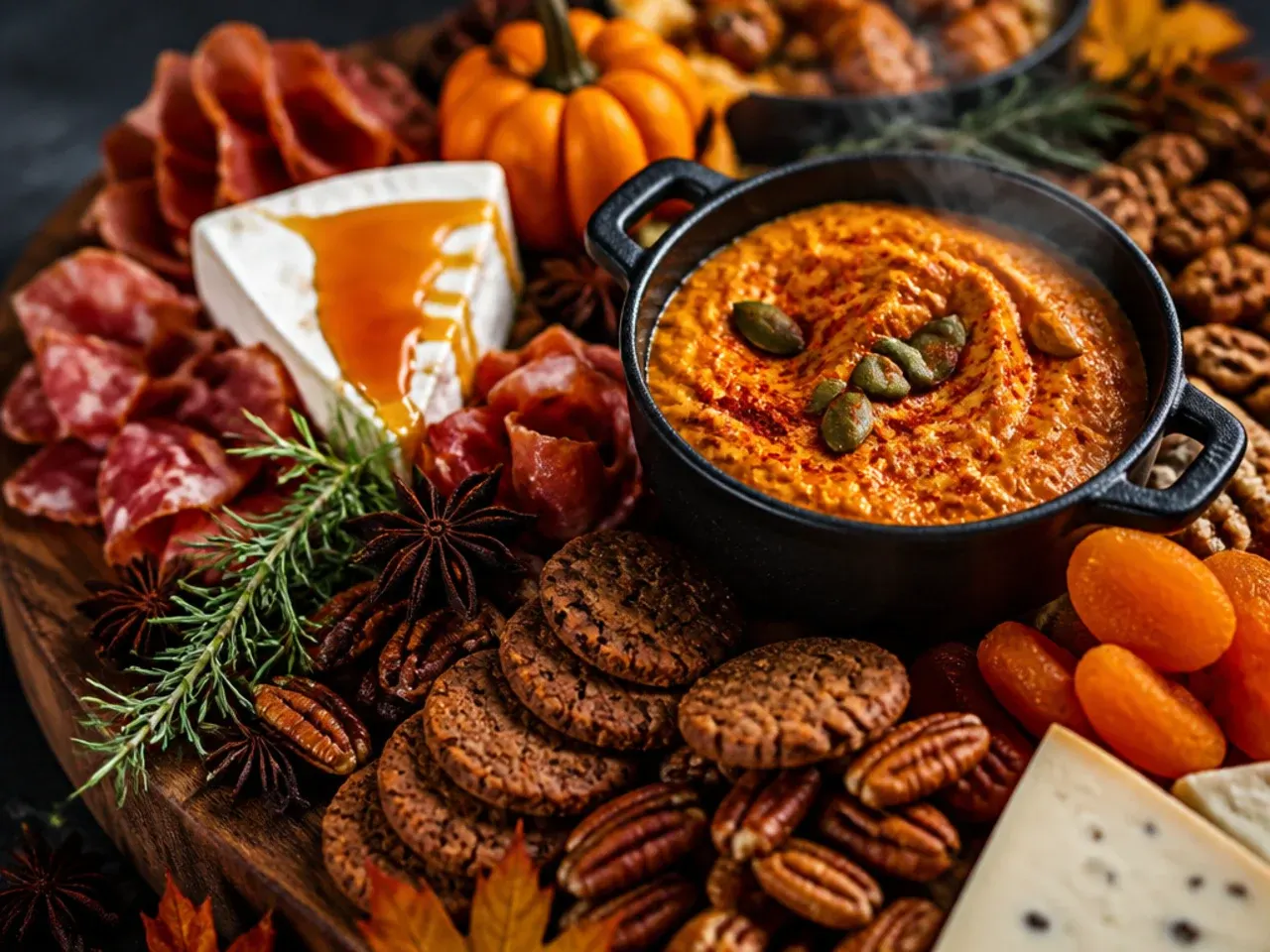 Cosy autumn Halloween charcuterie board with baked brie, spiced nuts and dried apple rings