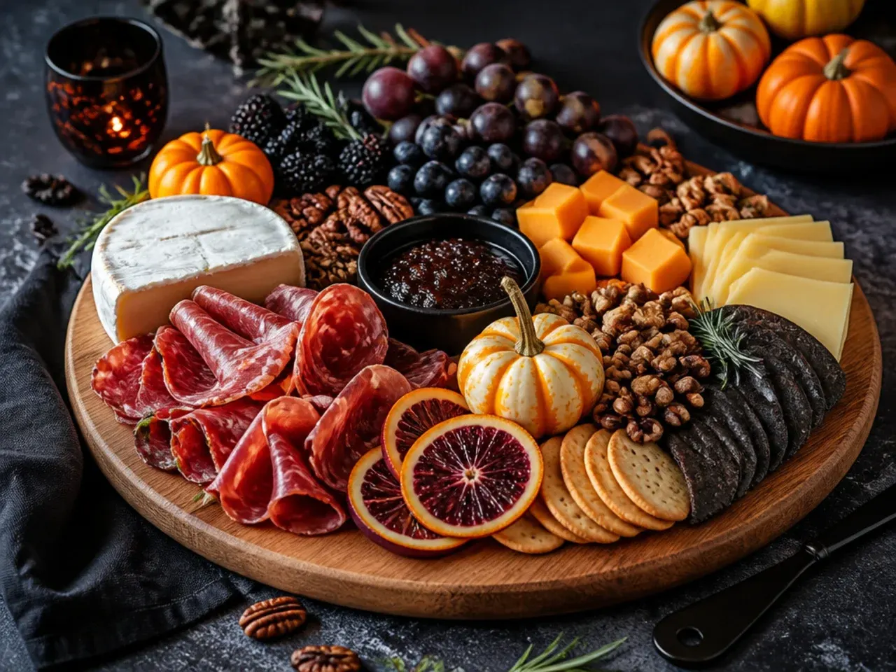Simple five-ingredient Halloween charcuterie board on a round wooden platter