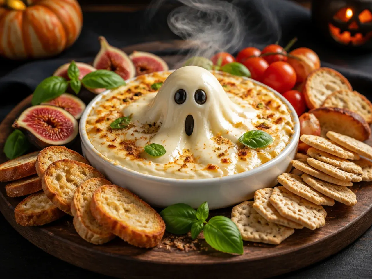 Cream cheese piped into small ghost shapes on a Halloween charcuterie board