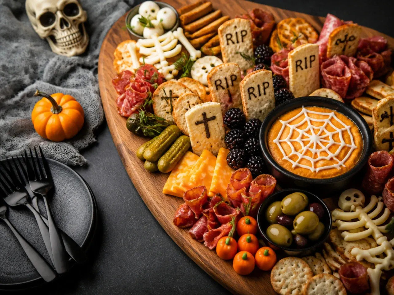 Loaded Halloween graveyard charcuterie board with tombstone-shaped cheese cubes