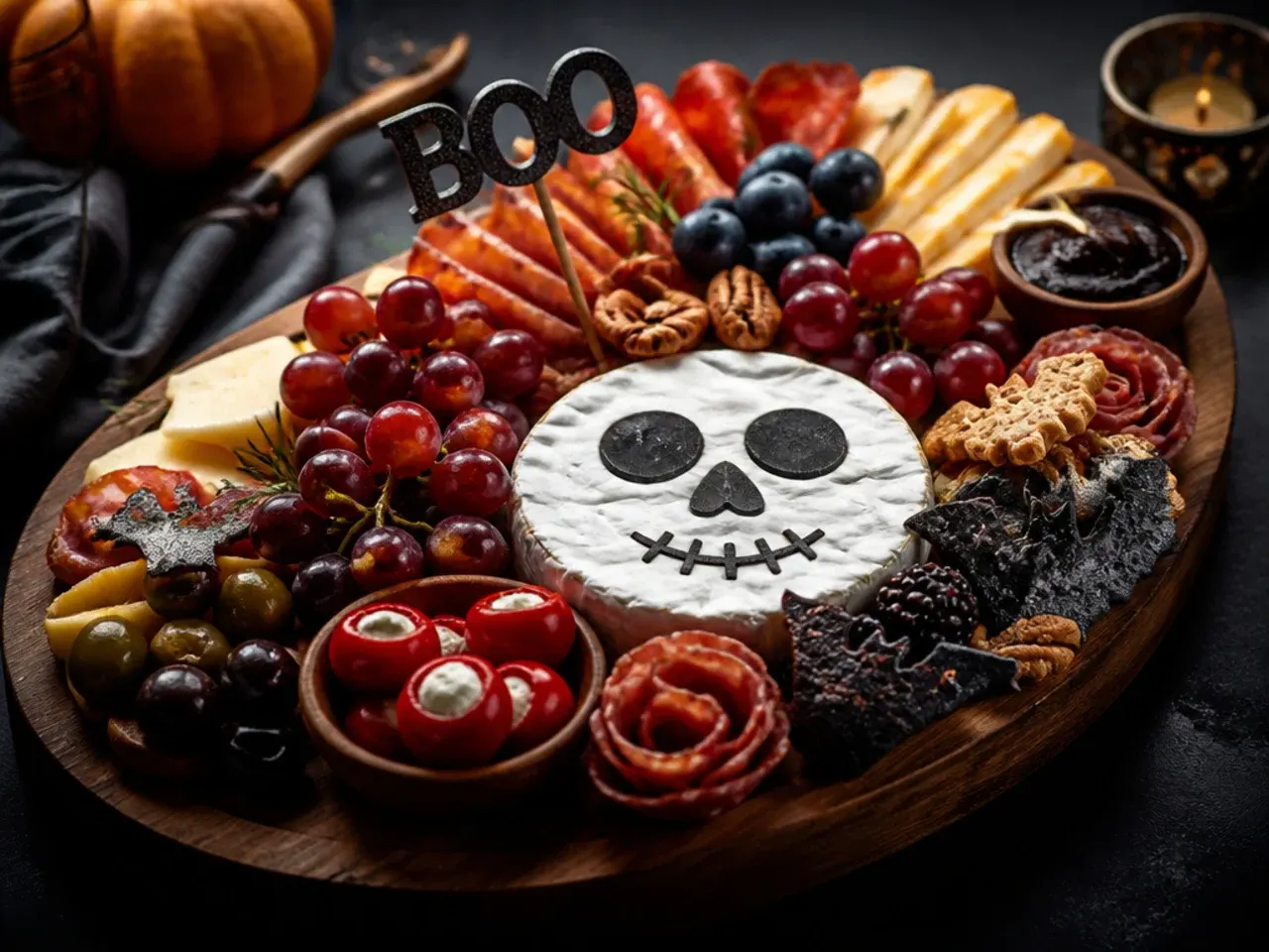 Showstopper Halloween charcuterie board with a spiderweb dip and jack-o-lantern pepper cups