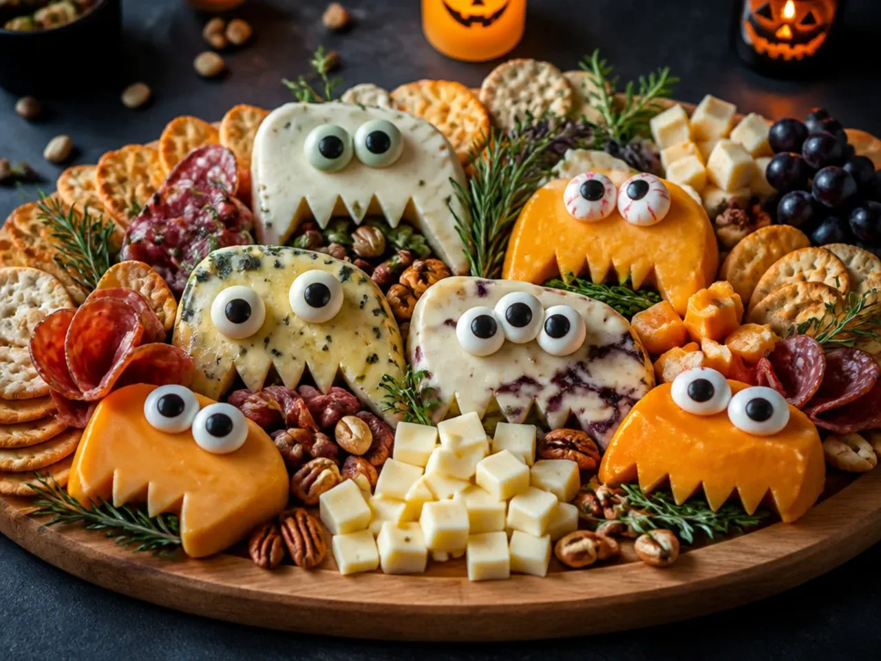Cheddar cheese carved into pumpkin shapes on a Halloween charcuterie board