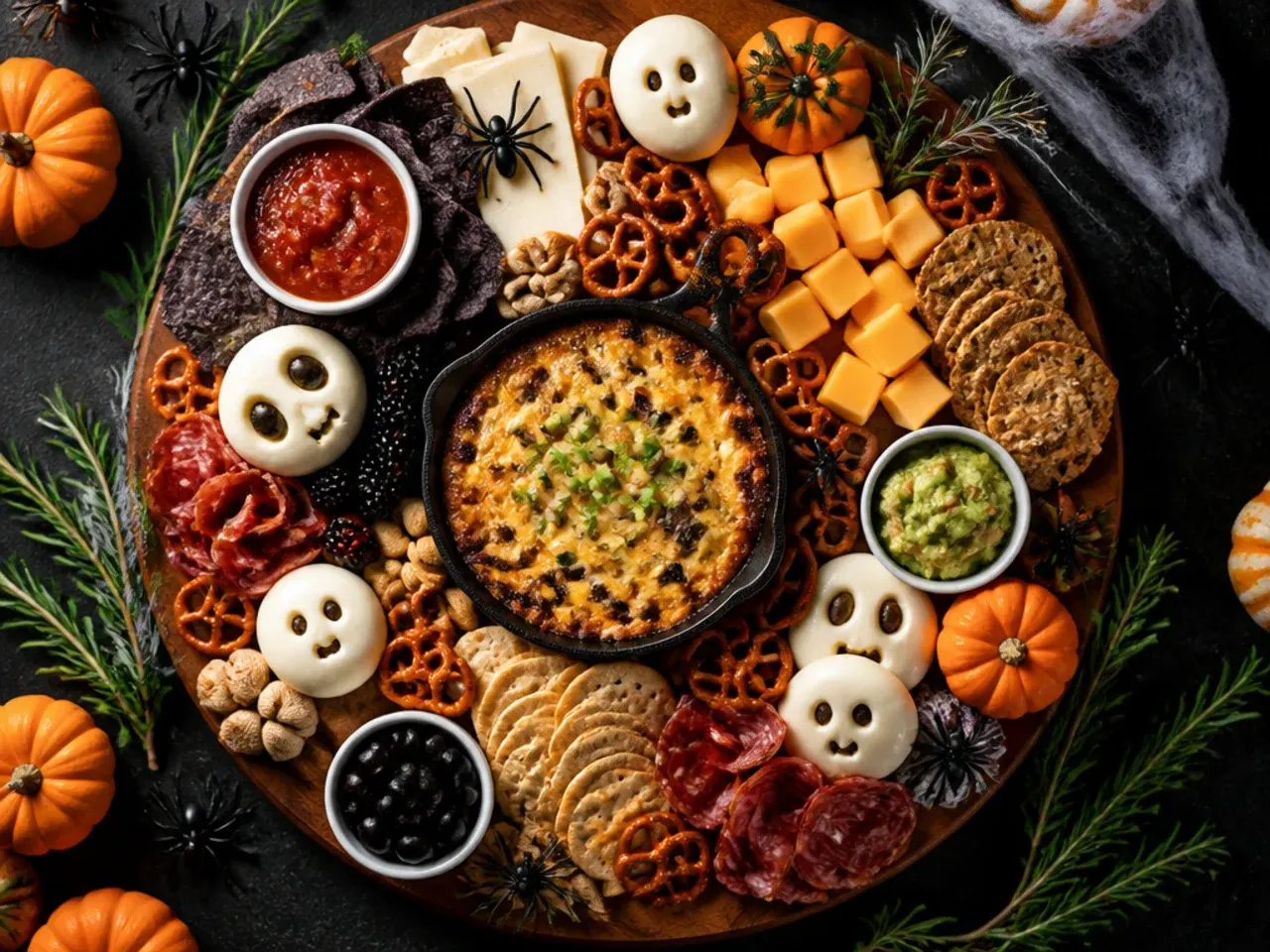 Budget-friendly Halloween charcuterie board using affordable cheese, crackers and grapes