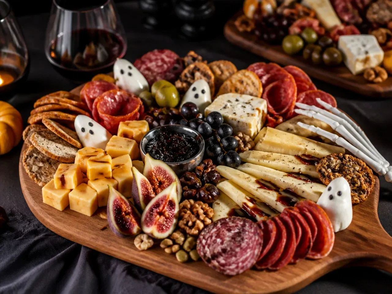 Split Halloween charcuterie board with savoury food on one side and sweet treats on the other