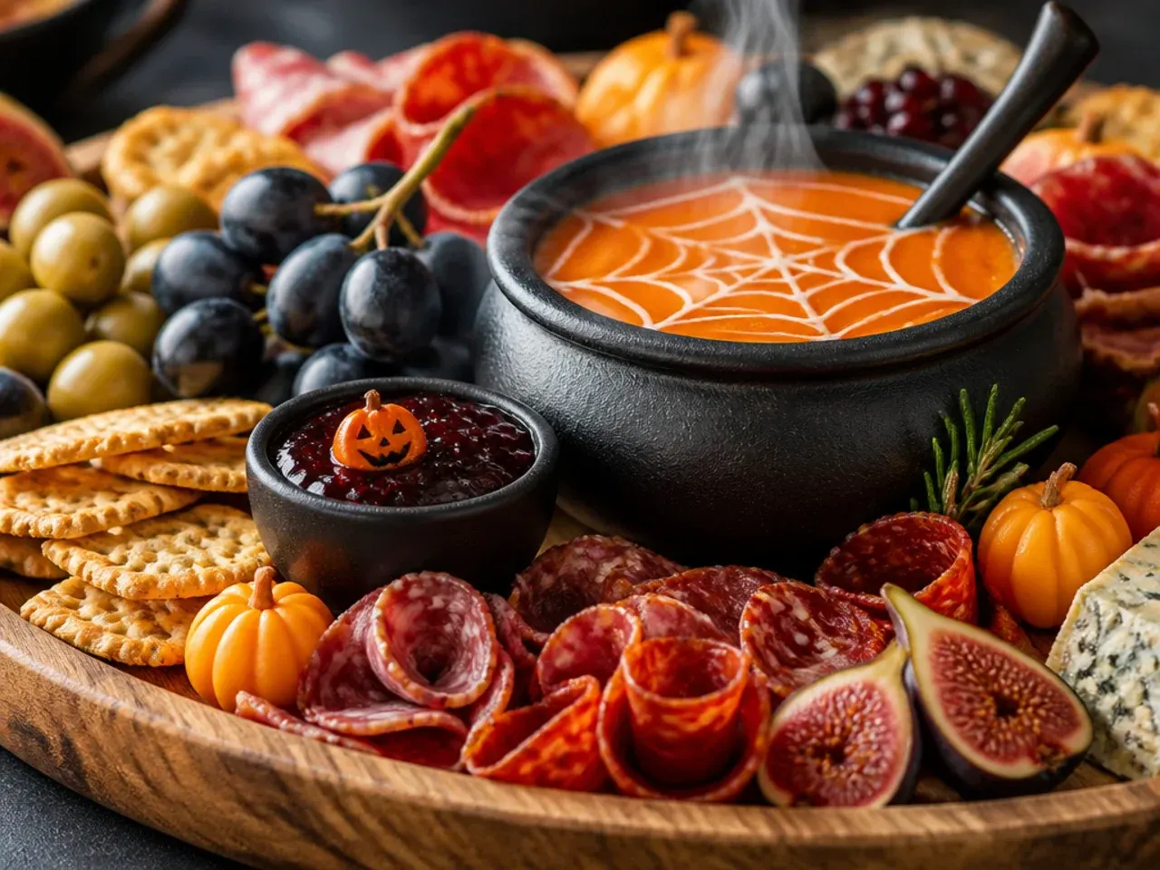Pre-prepped ingredients in containers ready to be assembled into a Halloween charcuterie board